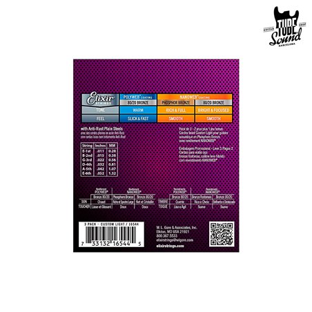 Elixir 16544 Pack 2+1 Electric Phosphor Bronze Nanoweb Custom Light 11-52
